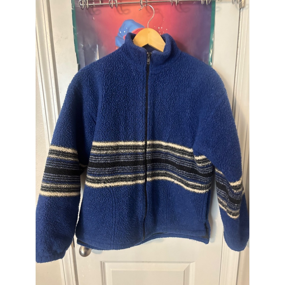 Class Club Vintage Blue Sherpa Fleece Full Zip Jacket Striped Boys L 14-16 - Picture 3 of 6